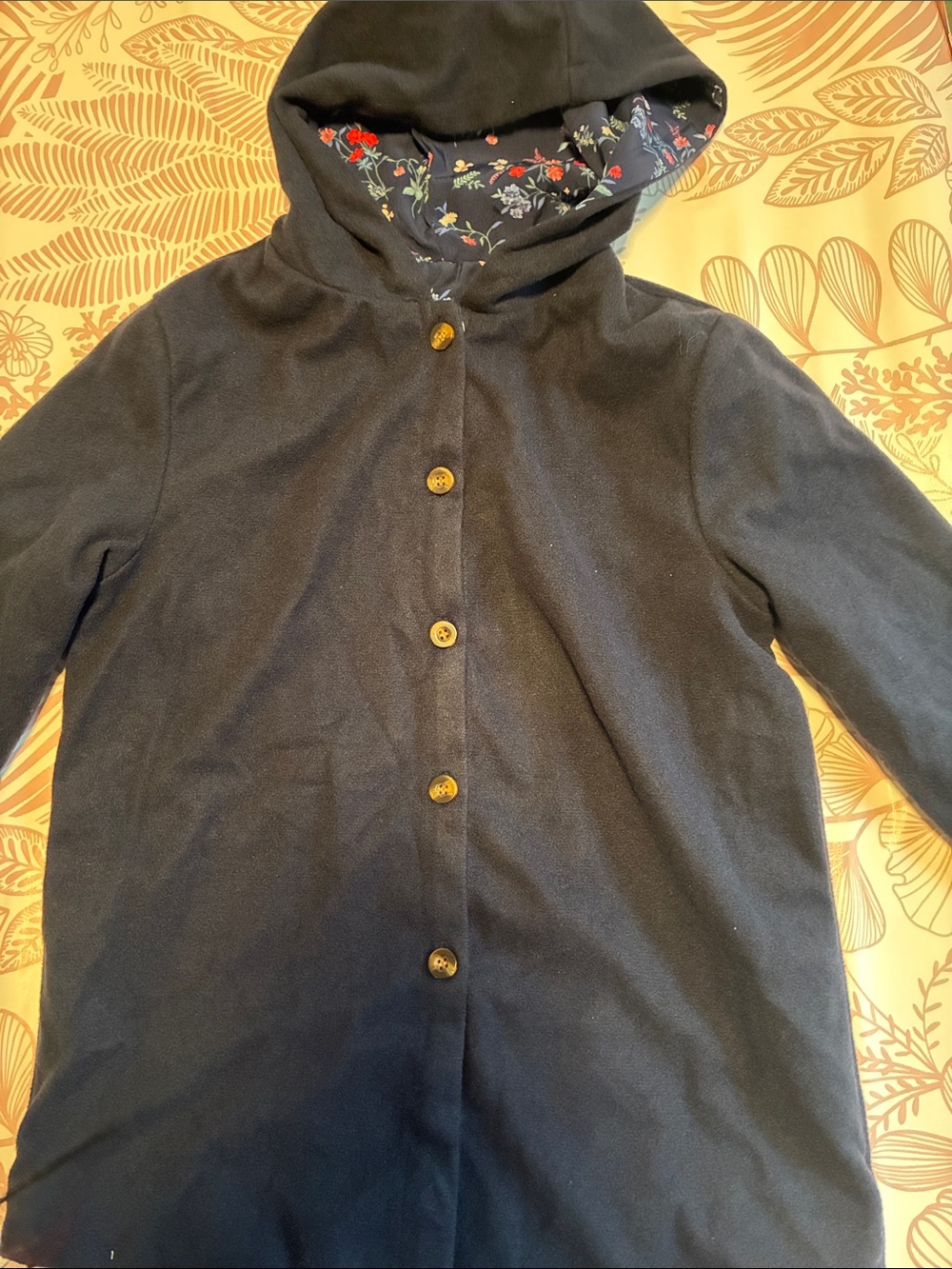 Women's Navy Hooded Coat with Floral-Lined Hood